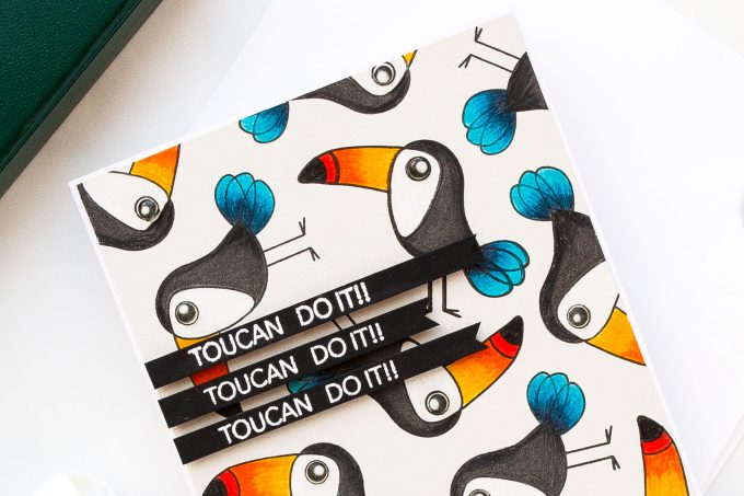 Simon Says Stamp | Toucan Do It! Pencil Colored Toucan Card. Photo Tutorial by Yana Smakula using ENCOURAGING ANIMALS SSS101747 stamp set #simonsaysstamp #sss #stamping #encouragingcard #polychromos #adultcoloring #stampedpattern 
