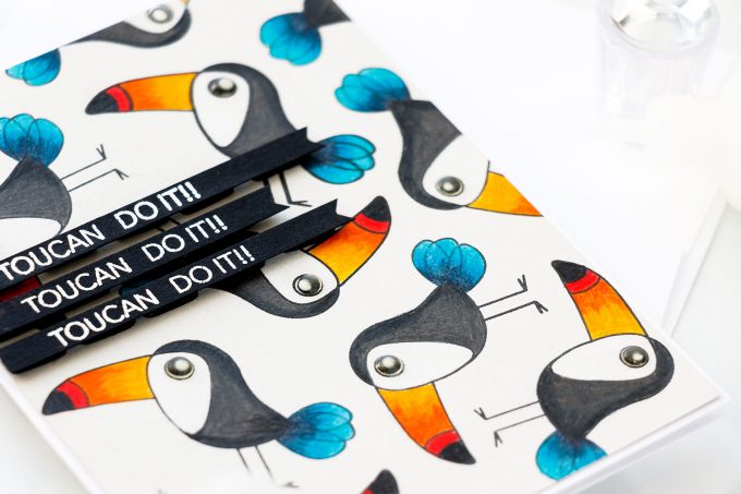 Simon Says Stamp | Toucan Do It! Pencil Colored Toucan Card. Photo Tutorial by Yana Smakula using ENCOURAGING ANIMALS SSS101747 stamp set #simonsaysstamp #sss #stamping #encouragingcard #polychromos #adultcoloring #stampedpattern 