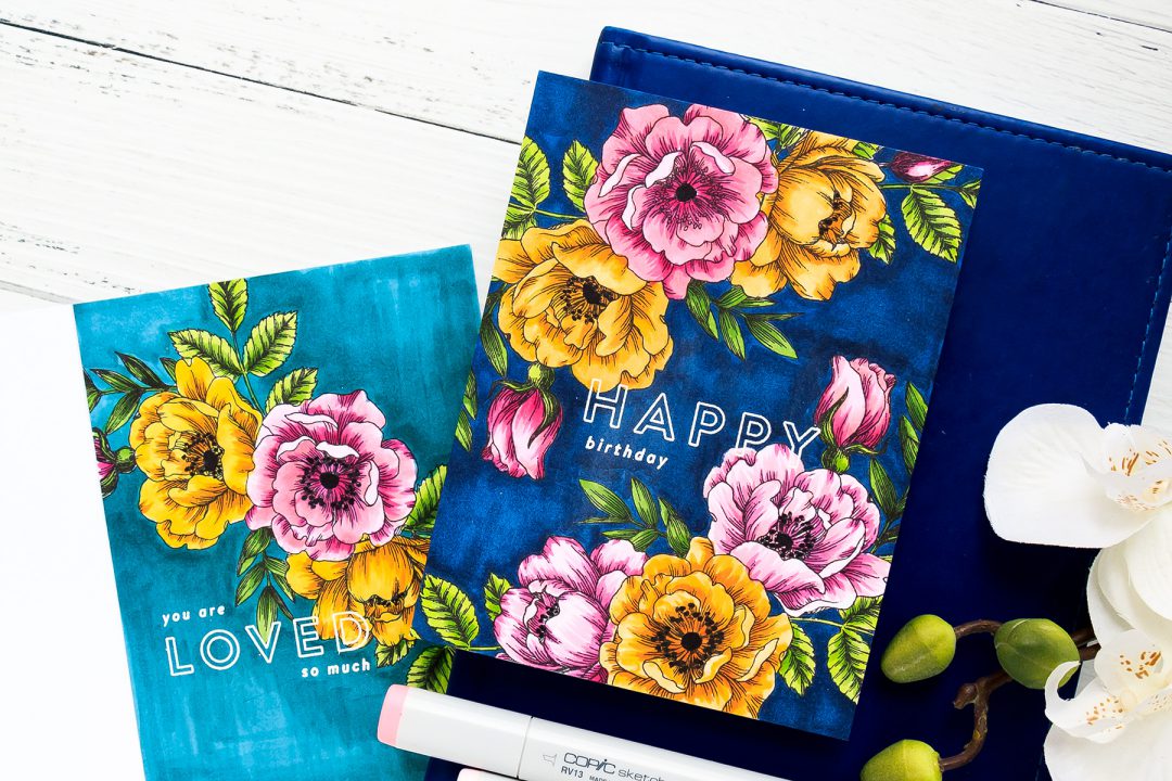 Simon Says Stamp | One Layer Floral Copic Colored Cards. Yippee For Yana Series. Video #cardmakingvideo #stamping #handmadecard #copiccoloring #adultcoloring