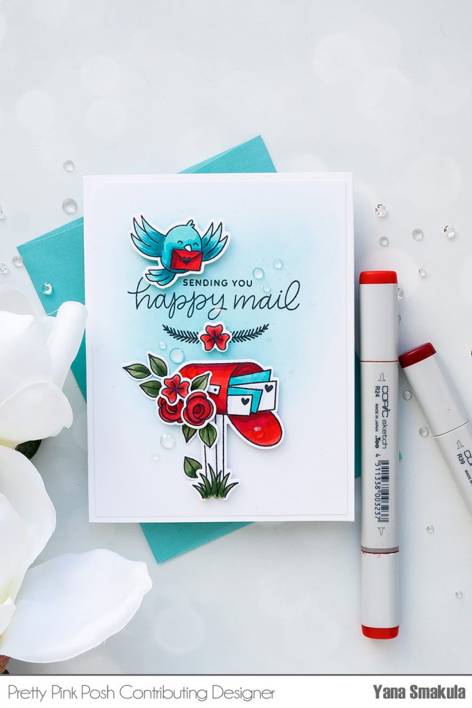 Pretty Pink Posh | Seasonal Happy Mail Cards by Yana Smakula using Happy Mail Stamp Set. Video tutorial. #stamping #handmadecard #happymail #copiccoloring #adultcoloring #Ilovetomakecards