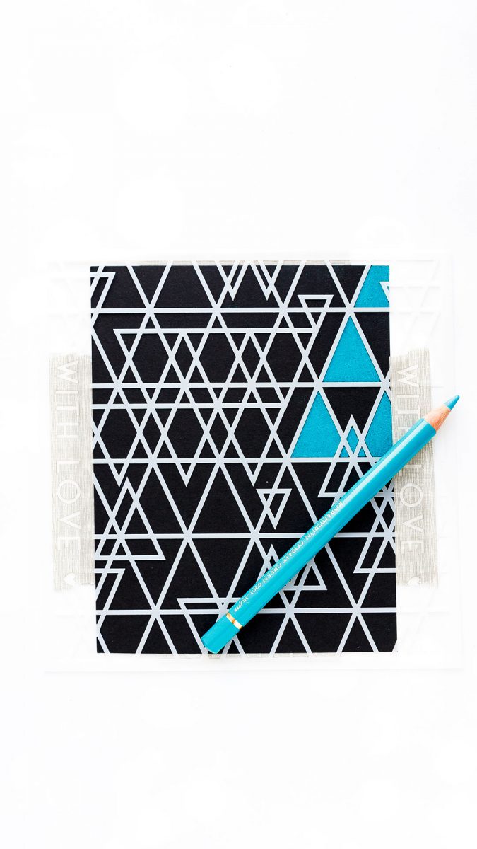 Simon Says Stamp | Colored Pencils + Stencil. Abstract Triangles background stencil and Polychromos pencils card by Yana Smakula