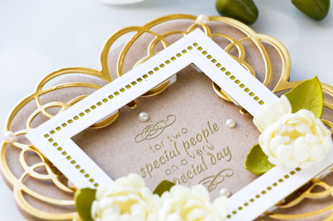 Spellbinders | Shaped Wedding Card with Foamiran Flowers by Yana Smakula #spellbinders #diecutting #neverstopmaking #handmadecard #weddingcard #amazingpapergrace