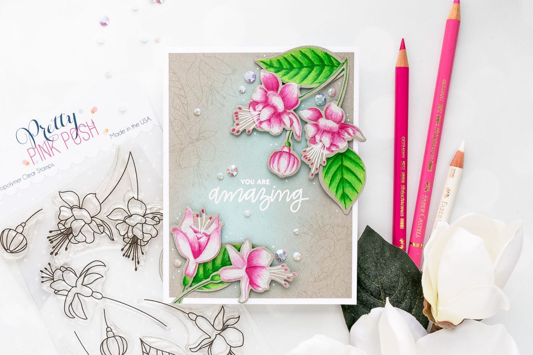 Pretty Pink Posh | Pencil Colored Fuchsias by Yana Smakula. Video tutorial. #cardmaking #prettypinkposh #polychromos #stamping