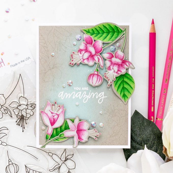 Pretty Pink Posh | Pencil Colored Fuchsias by Yana Smakula. Video tutorial. #cardmaking #prettypinkposh #polychromos #stamping