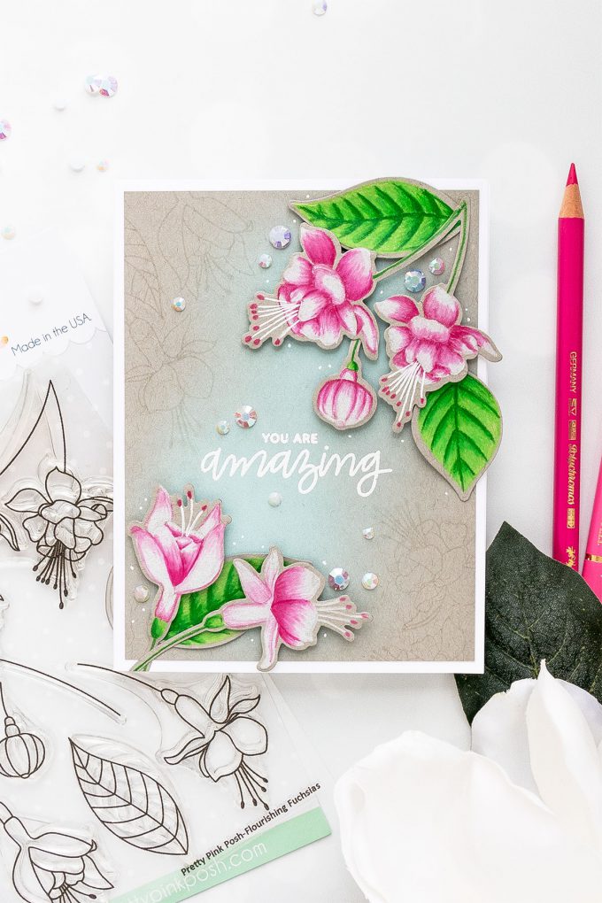 Pretty Pink Posh | Pencil Colored Fuchsias by Yana Smakula. Video tutorial. #cardmaking #prettypinkposh #polychromos #stamping 
