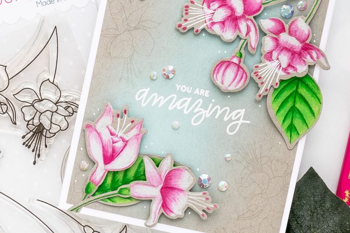 Pretty Pink Posh | Pencil Colored Fuchsias by Yana Smakula. Video tutorial. #cardmaking #prettypinkposh #polychromos #stamping