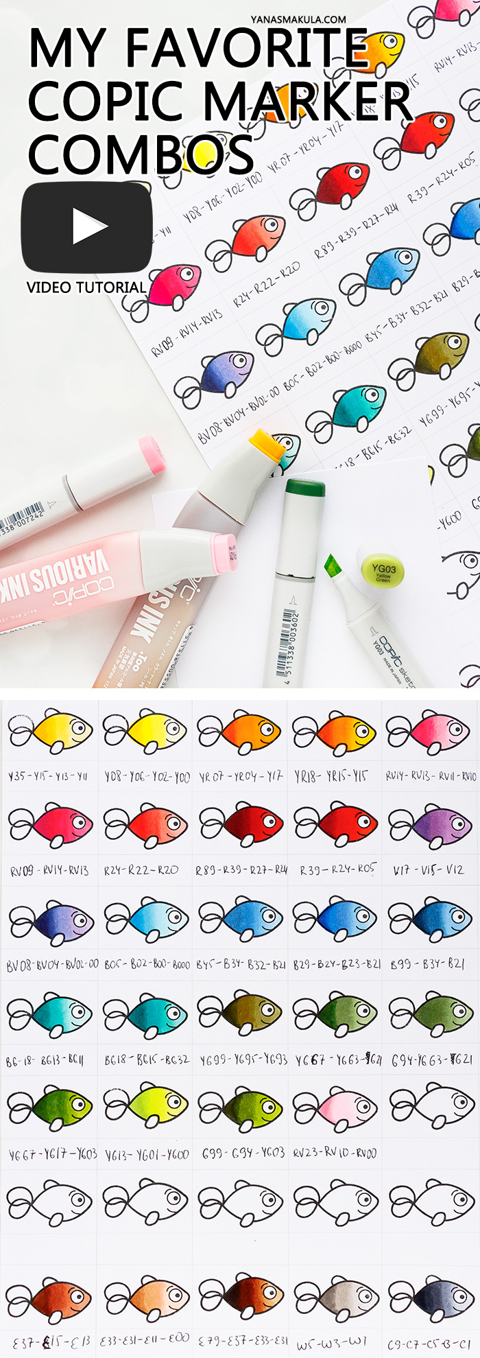My Favorite Copic Color Combos (by Yana Smakula) - Copic Marker Colors for Beginners. Copic markers color chart.  #copicmarkers #copicmarkersforbeginners #copicmarkerschart #copicmarkerscolorcombos #copiccombos #adultcoloring 