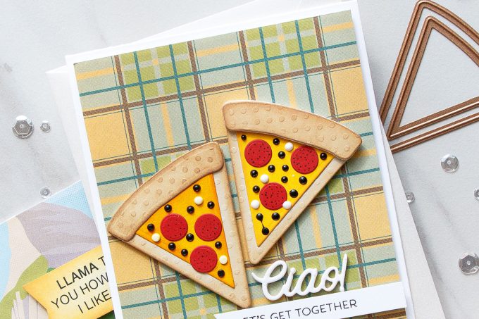 Spellbinders | Clean & Simple Cards with Die D-Lites - Lets Get Together Pizza Card featuring Party Food dies. #cardmaking #diecutting #handmadecard #neverstopmaking