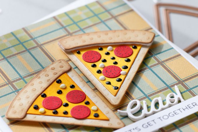 Spellbinders | Clean & Simple Cards with Die D-Lites - Lets Get Together Pizza Card featuring Party Food dies. #cardmaking #diecutting #handmadecard #neverstopmaking