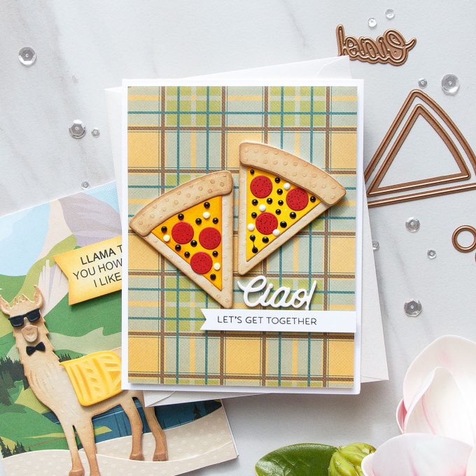Spellbinders | Clean & Simple Cards with Die D-Lites - Lets Get Together Pizza Card featuring Party Food dies. #cardmaking #diecutting #handmadecard #neverstopmaking