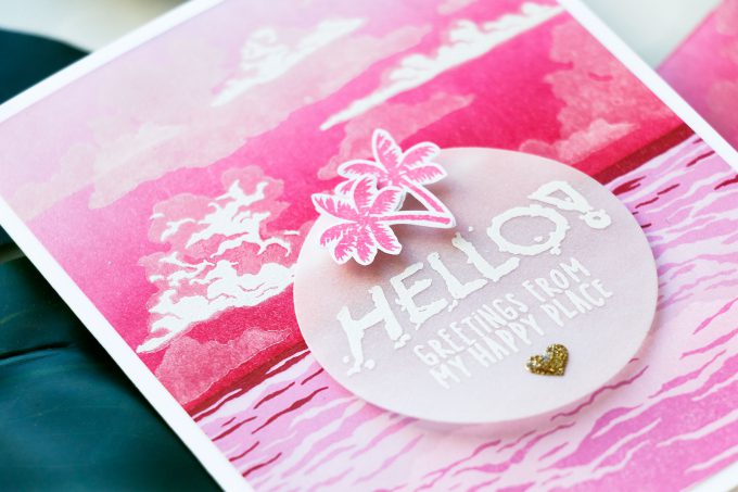 Hero Arts June 2018 MY Monthly Hero Kit #mymonthlyhero - Hello Greetings From My Happy Place card by Yana Smakula. Ink blended summer sunset card. Color layering ocean card. #stamping #heroarts #cardmaking 