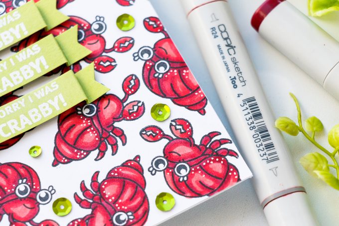 Hero Arts June 2018 MY Monthly Hero Kit #mymonthlyhero Add On Cards. Sorry I Was Crabby Card by Yana Smakula using Beach Messages stamp set. Crab pattern. #stamping #heroarts #cardmaking #summercard #crabpattern #yanasmakula