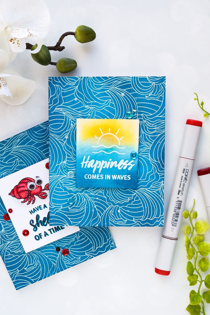 Hero Arts June 2018 MY Monthly Hero Kit #mymonthlyhero Add On Cards. Happiness Comes in Waves card by Yana Smakula using Abstract Waves background. Ink summer ocean background card. #stamping #heroarts #cardmaking #summercard #oceancard #yanasmakula