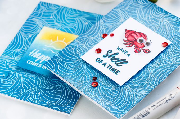 Hero Arts June 2018 MY Monthly Hero Kit #mymonthlyhero Add On Cards. Have a Shell Of A Time card by Yana Smakula using Abstract Waves background. Ink summer ocean background card. #stamping #heroarts #cardmaking #summercard #oceancard #yanasmakula