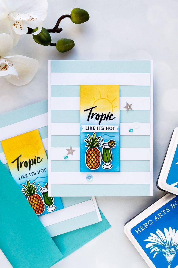 Hero Arts June 2018 MY Monthly Hero Kit #mymonthlyhero Add On Cards. Tropic Like It's Hot card by Yana Smakula using Beach Messages stamp set. Summer drinks & pineapple card. #stamping #heroarts #cardmaking #summercard #yanasmakula