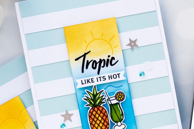 Hero Arts June 2018 MY Monthly Hero Kit #mymonthlyhero Add On Cards. Tropic Like It's Hot card by Yana Smakula using Beach Messages stamp set. Summer drinks & pineapple card. #stamping #heroarts #cardmaking #summercard #yanasmakula