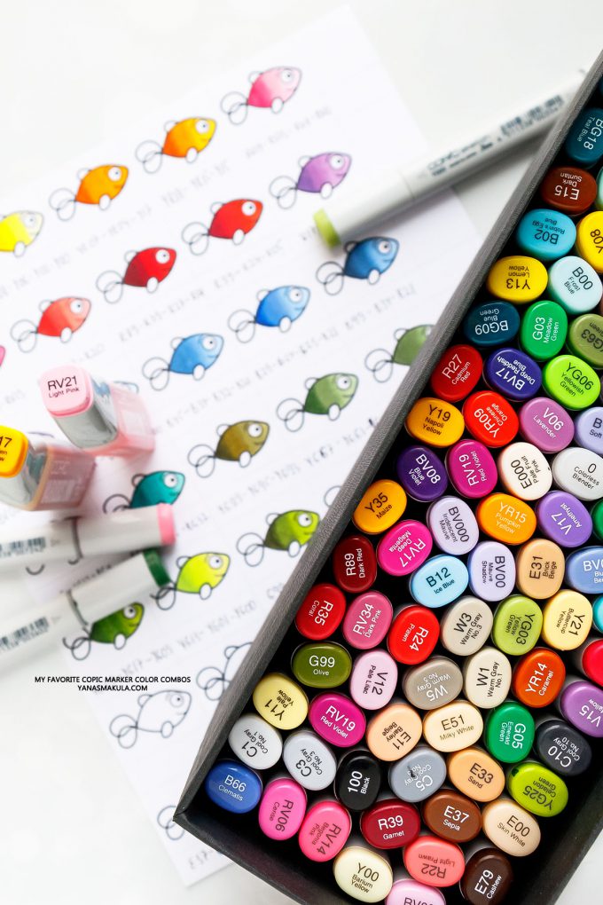 My Favorite Copic Color Combos (by Yana Smakula) - Copic Marker Colors for Beginners. Copic markers color chart.  #copicmarkers #copicmarkersforbeginners #copicmarkerschart #copicmarkerscolorcombos #copiccombos #adultcoloring 