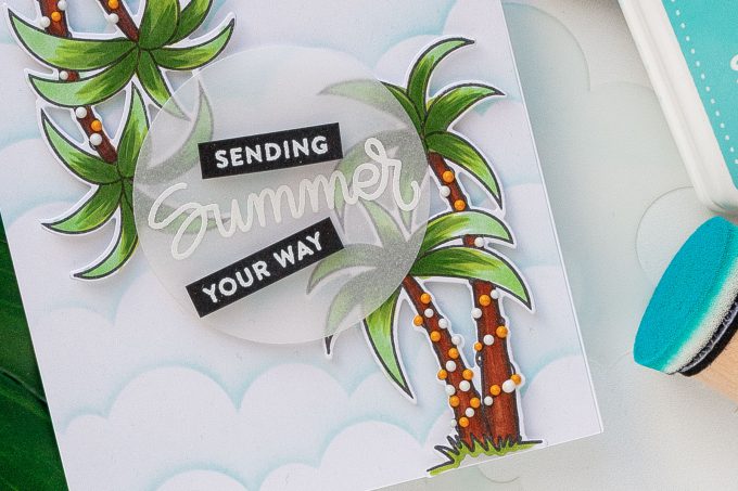 Simon Says Stamp | Palm Trees and Blue Skies Summer Card. Sending Summer Sunshine. Yippee For Yana Series. Video tutorial by Yana Smakula. Simon Says Stamp Clouds For Days stencil; Simon Says stamp Four Seasons Sentiments; Simon Says Stamp Warm Christmas Wishes stamp set. #cardmaking #handmadecard #cleanandsimplecardmaking #stamping #simonsaysstamp