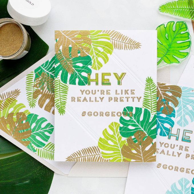 Ink Road Stamps | One Layer Tropical Cards featuring simple stamping, dry & heat embossing. Video tutorial by Yana Smakula #cardmaking #stamping #onelayercard #handmade