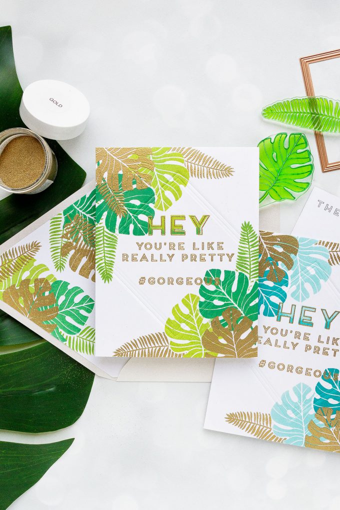 Ink Road Stamps | One Layer Tropical Cards featuring simple stamping, dry & heat embossing. Video tutorial by Yana Smakula #cardmaking #stamping #onelayercard #handmade