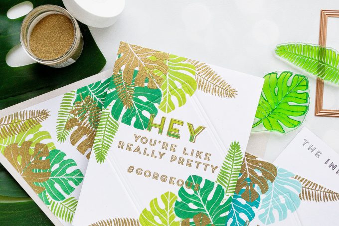 Ink Road Stamps | One Layer Tropical Cards featuring simple stamping, dry & heat embossing. Video tutorial by Yana Smakula #cardmaking #stamping #onelayercard #handmade