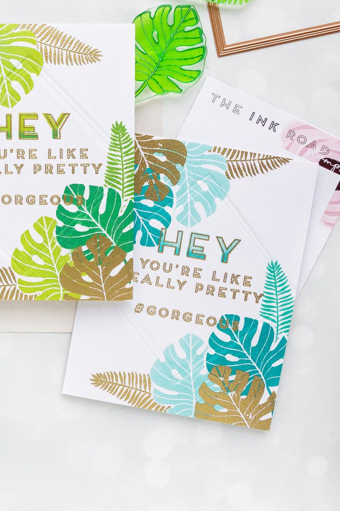 Ink Road Stamps | One Layer Tropical Cards featuring simple stamping, dry & heat embossing. Video tutorial by Yana Smakula #cardmaking #stamping #onelayercard #handmade