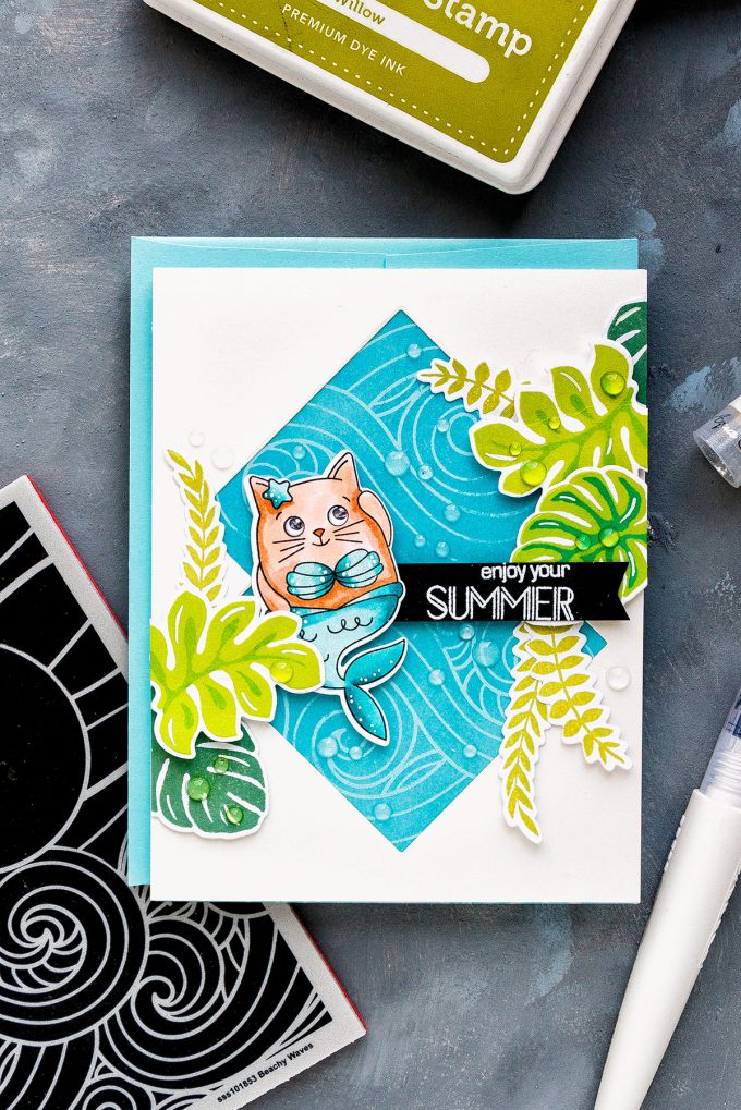 Simon Says Stamp | Summer & Mermaids Card by Yana Smakula using Summer Cuddly Critters and Beachy Waves stamps #simonsaysstamp #sssgoodvibes #stamping #cardmaking #handmadecard