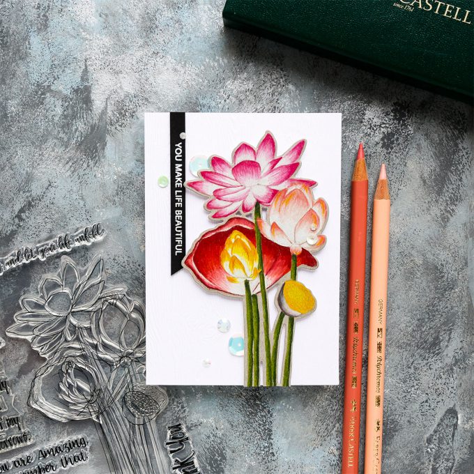 Simon Says Stamp | Sketch Lotus Flowers & Polychromos Coloring - video tutorial by Yana Smakula #simonsaysstamp #sssfriendlyfrolic #stamping #polychromos