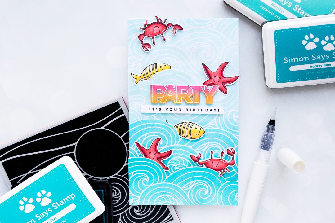 Simon Says Stamp | Extending Background Stamps for Tall Cards. Yippee For Yana Series. Video. Party It's Your Birthday card by Yana Smakula using Beachy Waves, Under The Sea Animals and Birthday Palooza stamps from Simon Says Stamp #stamping #cardmaking #birthdaycard