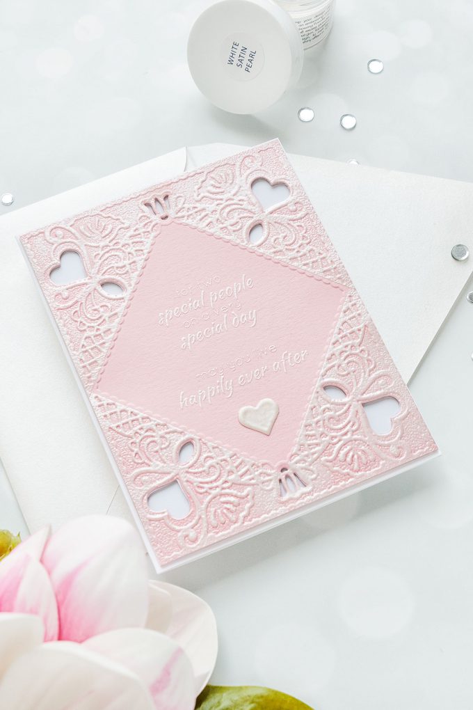 Spellbinders | Embossed Wedding Cards & Invitations. Cut & Emboss Folders. Projects by Yana Smakula #cardmaking #diecutting #spellbinders #neverstopmaking #weddingcard Diamond Lace Frame Cut and Emboss Folder, Dotted Lace Cut and Emboss Folder, Regal Swirl Cut and Emboss Folder