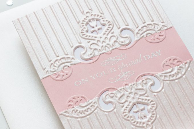 Spellbinders | Embossed Wedding Cards & Invitations. Cut & Emboss Folders. Projects by Yana Smakula #cardmaking #diecutting #spellbinders #neverstopmaking #weddingcard Diamond Lace Frame Cut and Emboss Folder, Dotted Lace Cut and Emboss Folder, Regal Swirl Cut and Emboss Folder