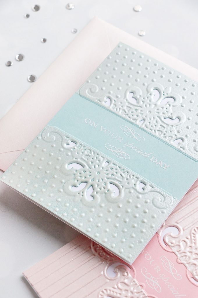 Spellbinders | Embossed Wedding Cards & Invitations. Cut & Emboss Folders. Projects by Yana Smakula #cardmaking #diecutting #spellbinders #neverstopmaking #weddingcard Diamond Lace Frame Cut and Emboss Folder, Dotted Lace Cut and Emboss Folder, Regal Swirl Cut and Emboss Folder