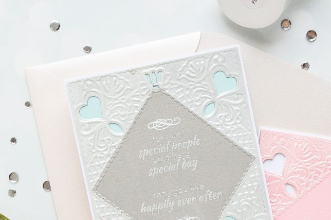 Spellbinders | Embossed Wedding Cards & Invitations. Cut & Emboss Folders. Projects by Yana Smakula #cardmaking #diecutting #spellbinders #neverstopmaking #weddingcard Diamond Lace Frame Cut and Emboss Folder, Dotted Lace Cut and Emboss Folder, Regal Swirl Cut and Emboss Folder