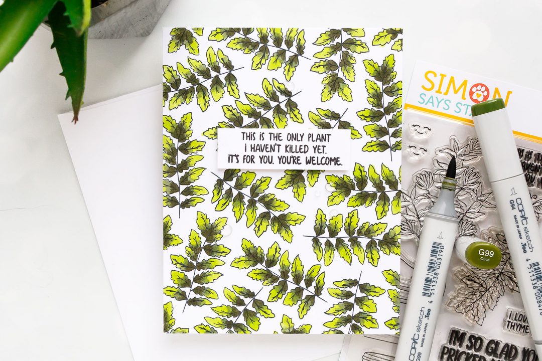 Simon Says Stamp | Stamped Leafy Pattern Card using Plantiful Puns stamp set & Copic coloring. #simonsaysstamp #stamping #patternstamping #cardmaking