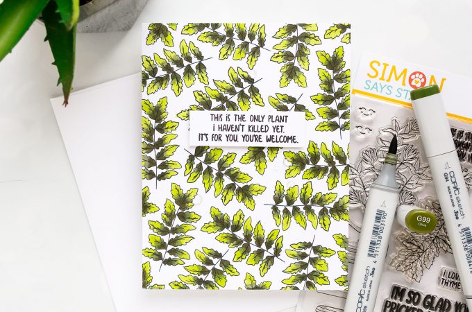 Simon Says Stamp | Stamped Leafy Pattern Card using Plantiful Puns stamp set & Copic coloring. #simonsaysstamp #stamping #patternstamping #cardmaking