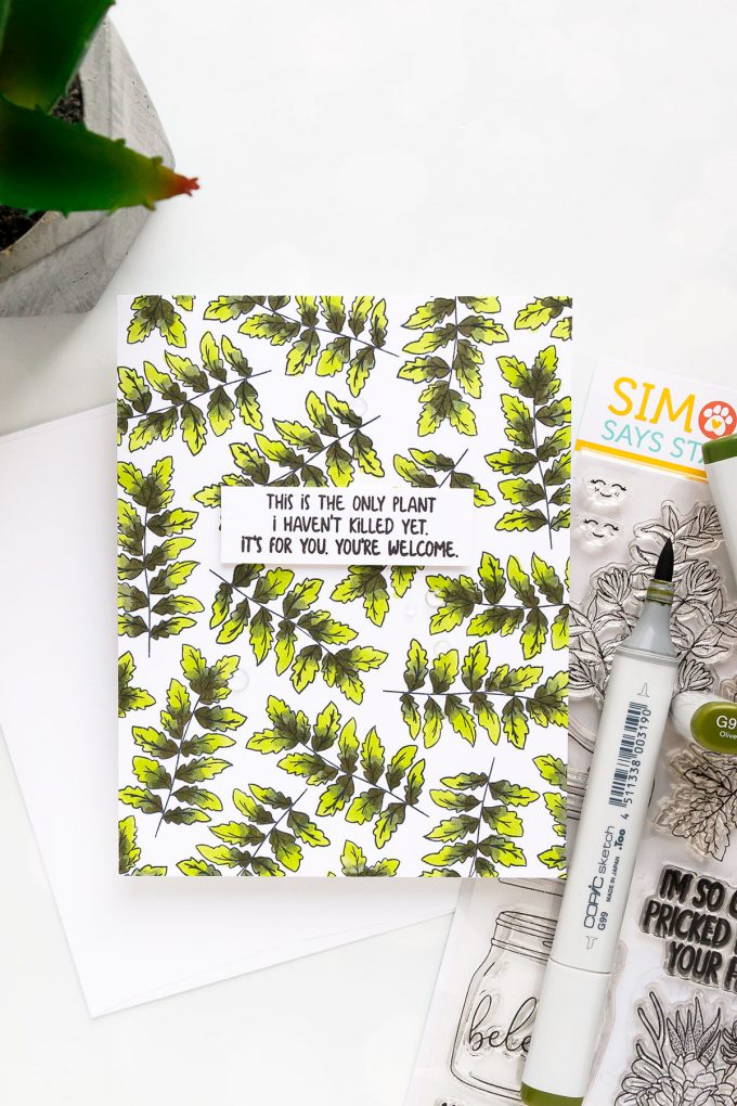 Simon Says Stamp | Stamped Leafy Pattern Card using Plantiful Puns stamp set & Copic coloring. #simonsaysstamp #stamping #patternstamping #cardmaking 