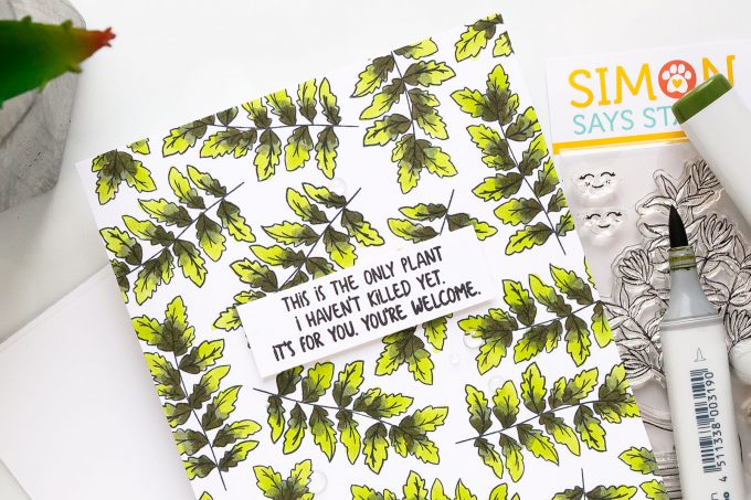 Simon Says Stamp | Stamped Leafy Pattern Card using Plantiful Puns stamp set & Copic coloring. #simonsaysstamp #stamping #patternstamping #cardmaking 