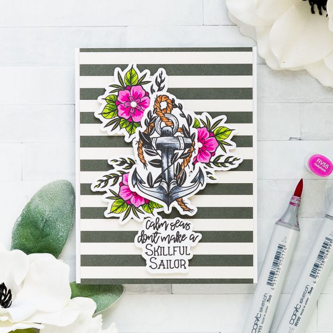 Spellbinders | Calm Seas Don't Make Skilled Sailors Card with Stephanie Low's Inked Messages #spellbinders #stamping #inkedmessages #cardmaking #copiccoloring #sympathycard