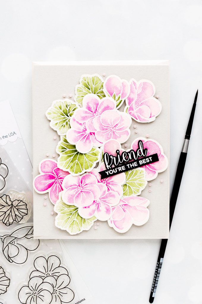 Pretty Pink Posh | Watercolor Geraniums Card. Photo Tutorial by Yana Smakula #prettypinkposh #cardmaking #handmadecard #watercolorcard #stampingforbeginners #cardmakingtutorial #pppgeraniums