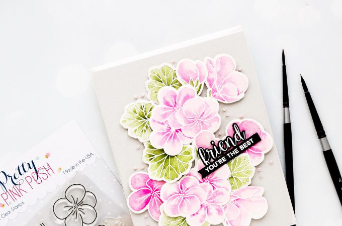 Pretty Pink Posh | Watercolor Geraniums Card. Photo Tutorial by Yana Smakula #prettypinkposh #cardmaking #handmadecard #watercolorcard #stampingforbeginners #cardmakingtutorial #pppgeraniums