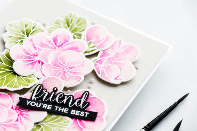 Pretty Pink Posh | Watercolor Geraniums Card. Photo Tutorial by Yana Smakula #prettypinkposh #cardmaking #handmadecard #watercolorcard #stampingforbeginners #cardmakingtutorial #pppgeraniums