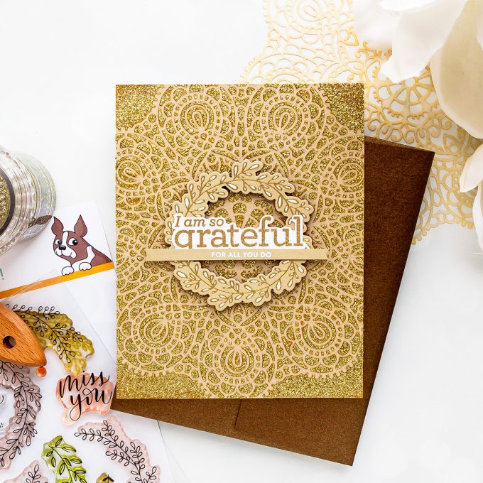 Simon Says Stamp | Grateful For You Card by Yana Smakula featuring CIRCULAR LACE SSST121395 Stencil, WREATH GREETINGS sss101834 and LOVE YOU MAMA CZ18 stamps #simonsaysstamp #yscardmaking #cardmaking #handmadecard #gratitudecard 