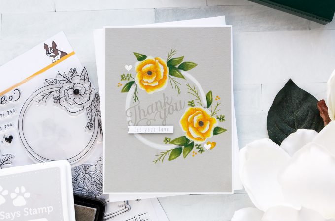 Simon Says Stamp | Pencil Coloring on Smoke Gray Cardstock - Mandy’s Flowers stamp Set. Yippee For Yana Series. Video #cardmaking #yanasmakula #stamping #polychoromos #sssck