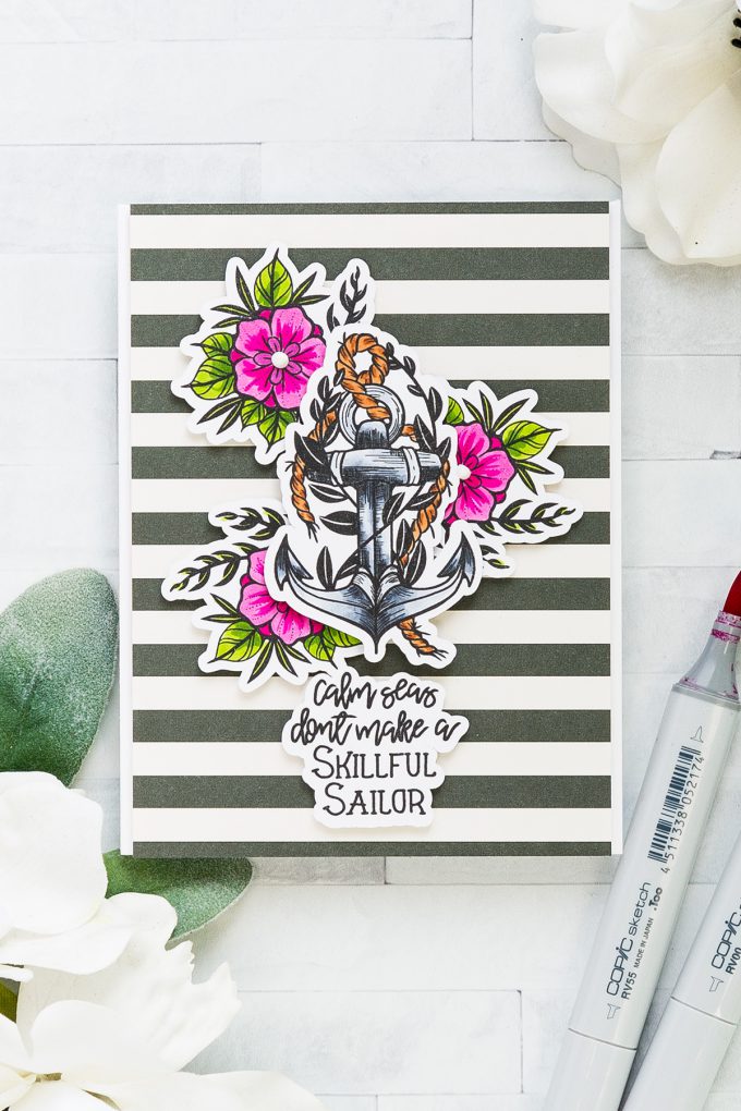 Spellbinders | Calm Seas Don't Make Skilled Sailors Card with Stephanie Low's Inked Messages #spellbinders #stamping #inkedmessages #cardmaking #copiccoloring #sympathycard