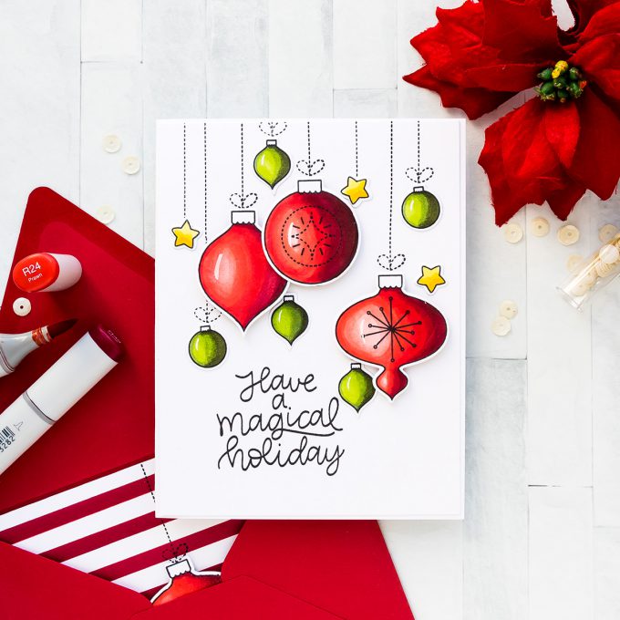 Minimal Supplies Christmas Ornament Cards with Mama Elephant using Joy Ornament stamps featuring Copic Coloring. Video tutorial #yscardmaking #mamaelephant #christmascard #copiccoloring