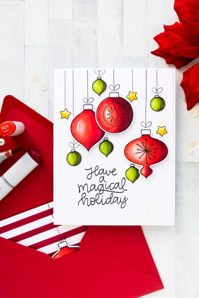 Minimal Supplies Christmas Ornament Cards with Mama Elephant using Joy Ornament stamps featuring Copic Coloring. Video tutorial #yscardmaking #mamaelephant #christmascard #copiccoloring