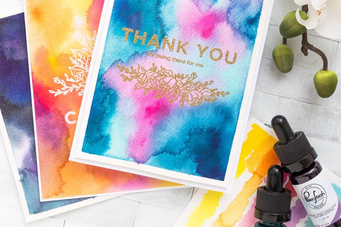 How to create Watercolor Backgrounds using Liquid Watercolors from Pinkfresh Studio. Handmade cards by Yana Smakula #yscardmaking #pinkfreshstudio #watercolorbackground #carmaking #liquidwatercolor