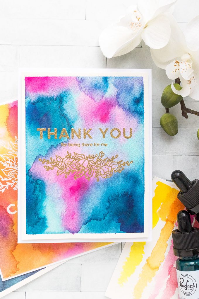 How to create Watercolor Backgrounds using Liquid Watercolors from Pinkfresh Studio. Handmade cards by Yana Smakula #yscardmaking #pinkfreshstudio #watercolorbackground #carmaking #liquidwatercolor