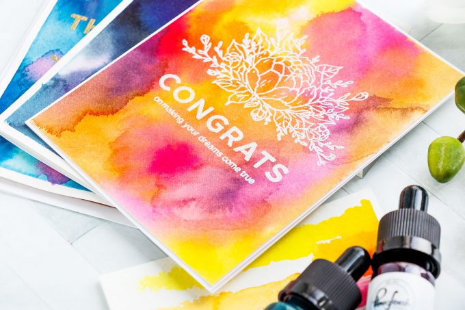 How to create Watercolor Backgrounds using Liquid Watercolors from Pinkfresh Studio. Handmade cards by Yana Smakula #yscardmaking #pinkfreshstudio #watercolorbackground #carmaking #liquidwatercolor