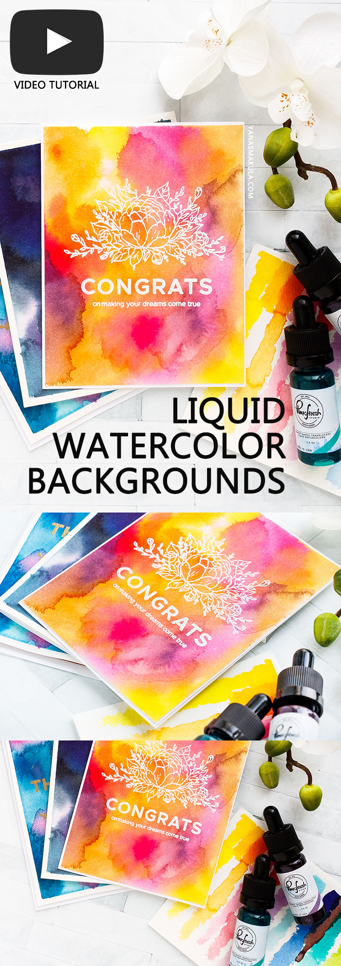 How to create Watercolor Backgrounds using Liquid Watercolors from Pinkfresh Studio. Handmade cards by Yana Smakula #yscardmaking #pinkfreshstudio #watercolorbackground #carmaking #liquidwatercolor